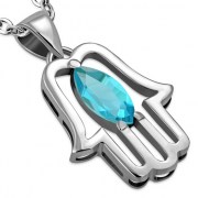 Chamsa Silver Pendant w Blue Topaz CZ, p370
